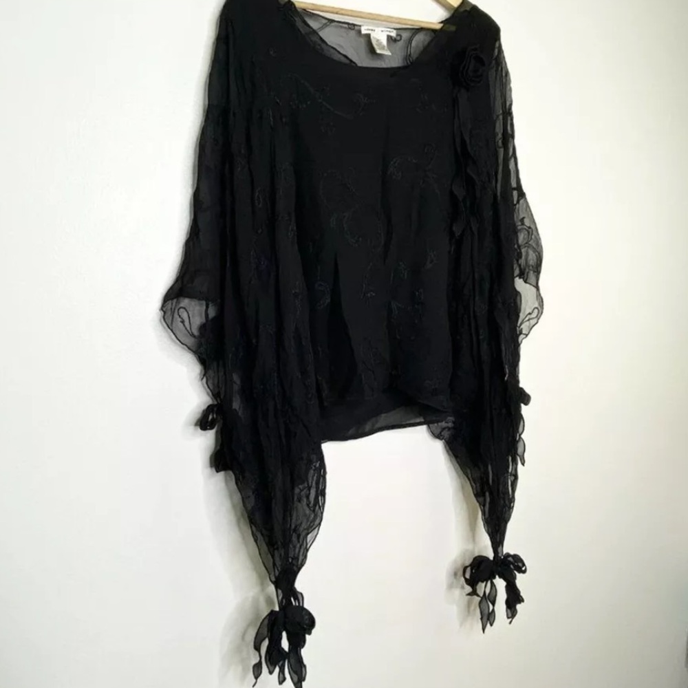 Vintage Black 💯% silk poncho cape wrap poncho bow  accents rose embroidered 1 xl - Picture 9 of 11